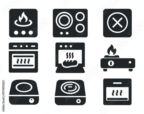 Kitchen Heat Sources Icons. Solid, filled icons set of kitchen heat sources: gas stove, electric stove,