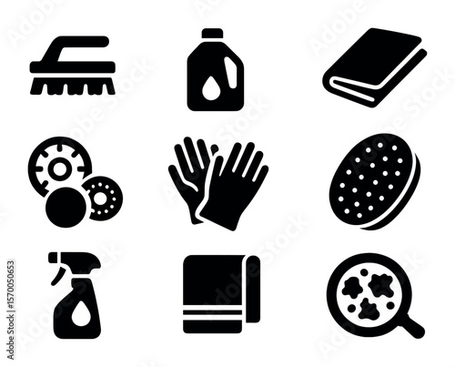 Burner Cleaning Icons. Solid, filled icons set of burner cleaning and maintenance: scrub brush, degreaser