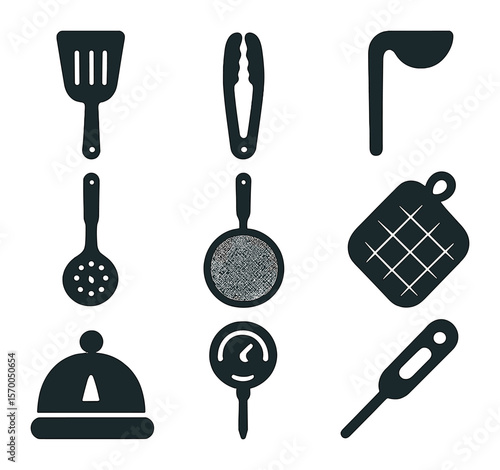 Stovetop Tools Icons. Solid, filled icons set of stovetop cooking tools: spatula, tongs, ladle, slotted spoon,
