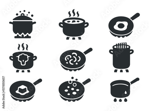 Cooking Process Icons. Solid, filled icons set of stovetop cooking processes: boiling pot, simmering soup,