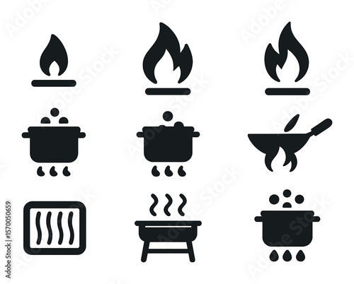 Burner Control Icons. Solid, filled icons set of burner control symbols: low heat icon, medium flame, high