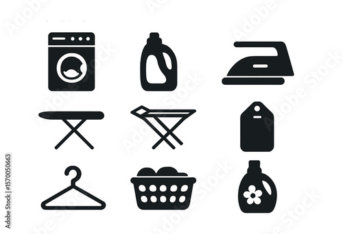 Shirt Care Icons. Solid, filled icons set of shirt care essentials: washing machine, laundry detergent, iron,