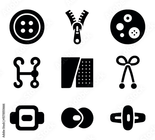 Clothing Fasteners Icons. Solid, filled icons set of clothing fasteners: button, zipper, snap, hook and eye,