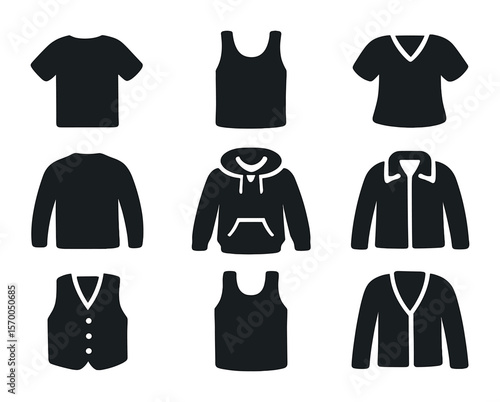 Wardrobe Icons Grid. Solid, filled icons set of wardrobe items: t-shirt, tank top, blouse, sweater, hoodie,