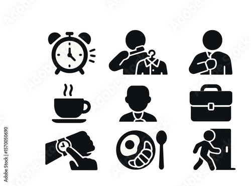 Morning Routine Icons. Solid, filled icons set of morning dressing routine: alarm clock, brushing teeth,