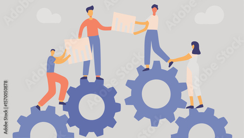 People standing on gears and passing boxes in a teamwork and collaboration concept illustration design