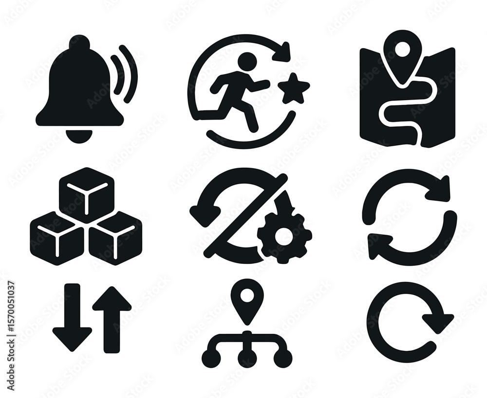 Behavior Strategy Icons. Solid, filled icons set of behavior change strategy: cue-trigger icon, action-reward Behavior Strategy Icons. Solid, filled icons set of behavior change strategy: cue-trigger icon, action-reward