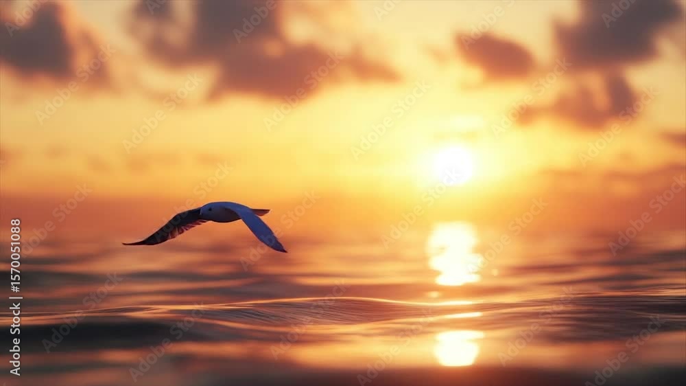 Serene sunset scene with a bird in flight over calm ocean waters