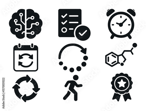 Habit Formation Icons. Solid, filled icons set of habit formation: brain circuit, daily checklist, alarm clock