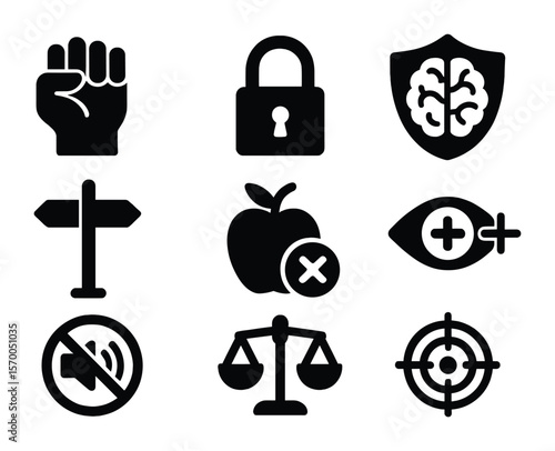Willpower Icon Set. Solid, filled icons set of willpower and discipline: clenched fist, self-control lock,