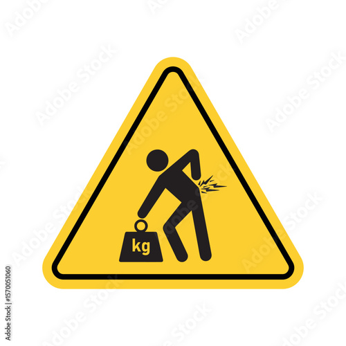 Yellow triangular warning sign depicting person lifting heavy weight with back strain hazard