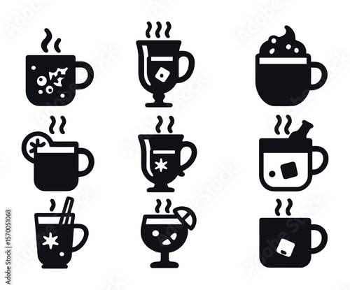 Warm Beverages Icons. Solid, filled icons set of warm alcoholic beverages: glögg mug, hot buttered rum, spiked