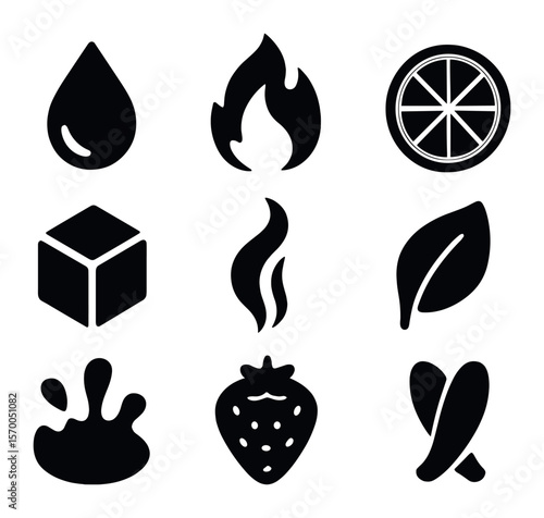 Cocktail Flavor Icons Grid. Solid, filled icons set of cocktail flavor profiles: sweet drop, spicy flame, tart