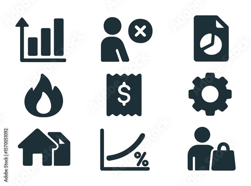Economic Icons Grid. Solid, filled icons set of economic indicators: GDP bar chart, unemployment rate icon,