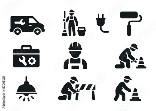 Maintenance Icon Set. Solid, filled icons set of maintenance around toll booths: service van, cleaning crew,