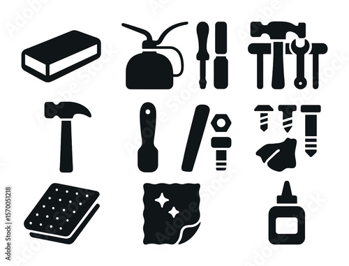 Tool Maintenance Icons. Solid, filled icons set of tool maintenance: sharpening stone, oil can, tool rack,