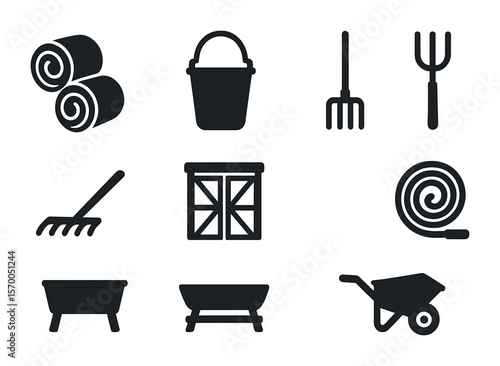 Barn Equipment Icons. Solid, filled icons set of barn equipment: hay bales, feed bucket, manure fork, stable