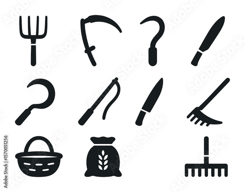 Harvesting Tools Icons. Solid, filled icons set of harvesting equipment: hay fork, scythe, bale hook, grain