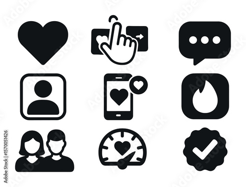 Online Dating Icons. Solid, filled icons set of online dating apps: heart icon, swipe gesture, chat bubble,