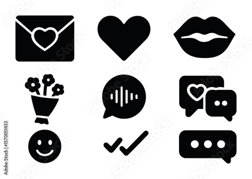 Romantic Communication Icons. Solid, filled icons set of romantic communication: love letter, heart emoji,
