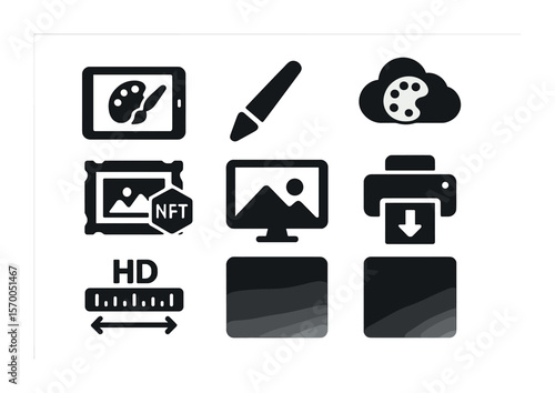 Digital Art Icons. Solid, filled icons set of digital art collections: tablet drawing, stylus pen, cloud art