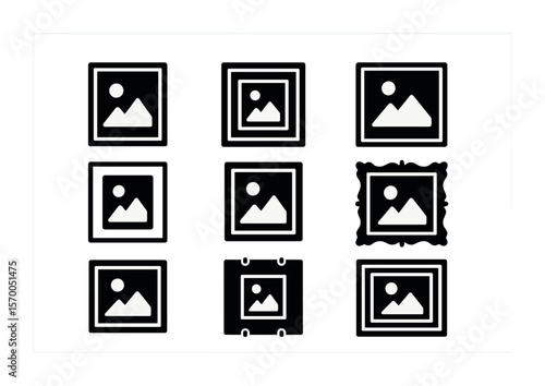 Wall Art Framing Icons. Solid, filled icons set of wall art framing styles: floating frame, matted print, edge