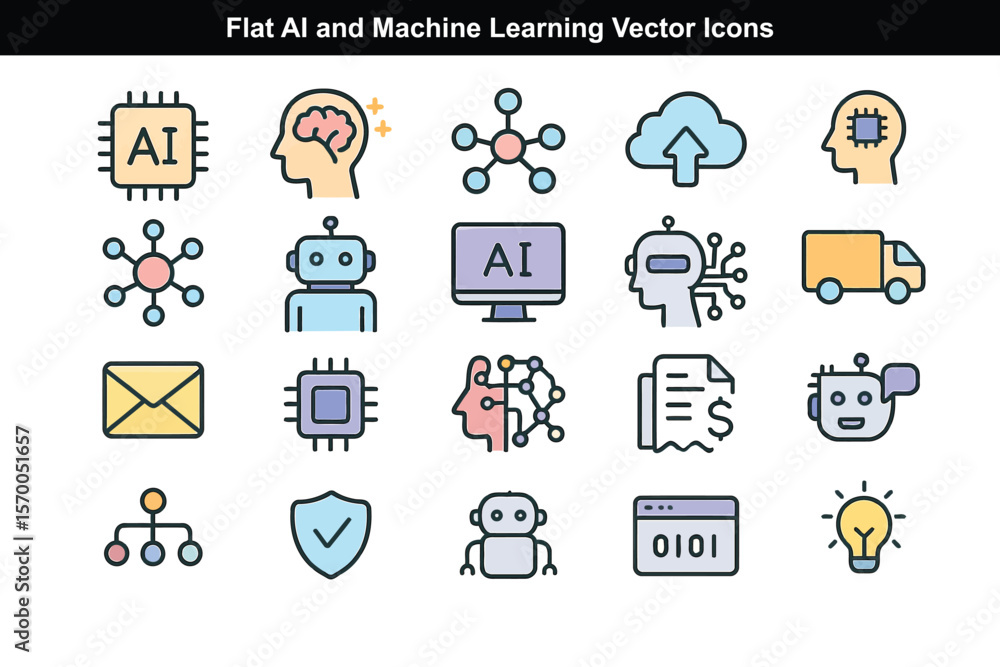 Fototapeta premium Flat AI and Machine Learning Vector Icons for Dashboards