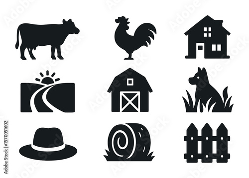 Pastoral Morning Icons. Solid, filled icons set of pastoral morning life: grazing cow, rooster crowing,