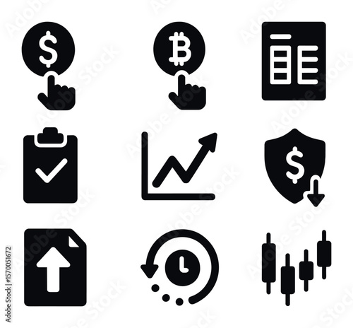 Crypto Trading Icons Grid. Solid, filled icons set of crypto trading actions: buy button, sell button, order