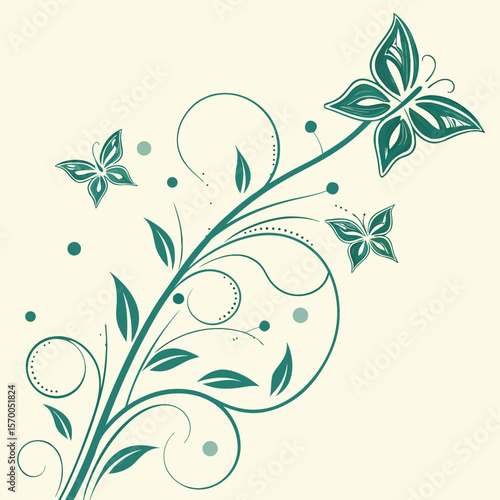 Elegant teal swirls and butterflies flourish on a creamy background