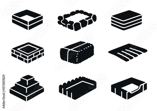 Garden Bed Icons. Solid, filled icons set of garden bed construction: raised wooden bed, stone border, metal