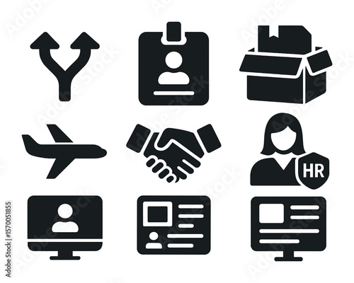 Career Transition Icons. Solid, filled icons set of career transitions: forked road, new hire badge,