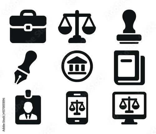 Legal Tools Icons. Solid, filled icons set of legal tools: briefcase, scales, ink stamp, fountain pen, court