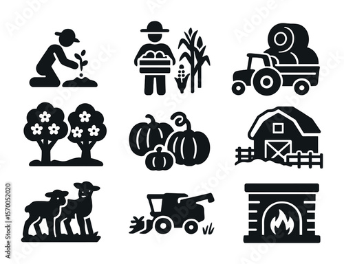 Seasonal Farm Icons. Solid, filled icons set of seasonal farm life: spring planting, summer harvest, autumn