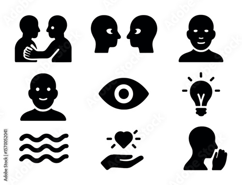 Quiet Communication Icons. Solid, filled icons set of quiet communication: hand on shoulder, knowing glance,