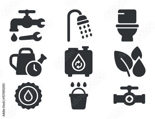 Water Conservation Icons. Solid, filled icons set of water conservation: dripping faucet with wrench, low-flow