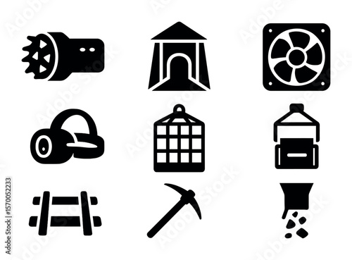 Mining Equipment Icons. Solid, filled icons set of underground mining equipment: tunnel boring machine, mine