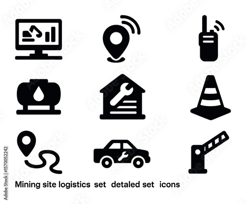 Mining Site Icons. Solid, filled icons set of mining site logistics: control room, GPS tracker, radio