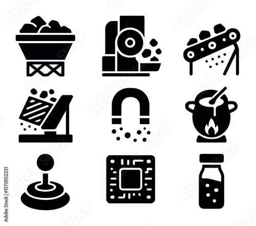 Mineral Processing Icons. Solid, filled icons set of mineral sorting and processing: ore bin, crushing mill,