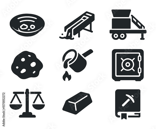 Gold Mining Icons. Solid, filled icons set of gold mining processes: gold pan, sluice box, wash plant, nugget