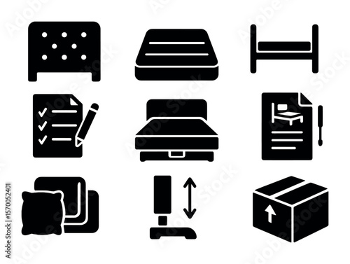Custom Bed Icons. Solid, filled icons set of made-to-order beds: custom headboard, mattress layout, bed frame