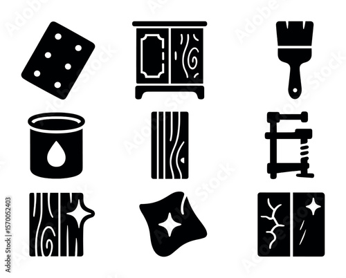 Furniture Restoration Icons. Solid, filled icons set of furniture restoration: sandpaper, old cabinet,