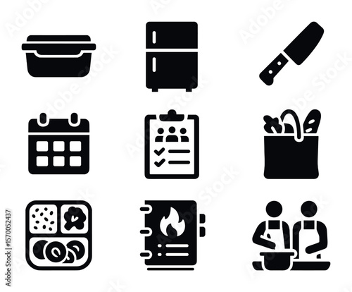 Weekly Meal Prep Icons. Solid, filled icons set of weekly meal prep together: storage container, fridge,