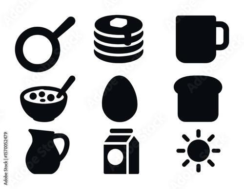 Family Breakfast Icons. Solid, filled icons set of family breakfast cooking: frying pan, pancakes stack,