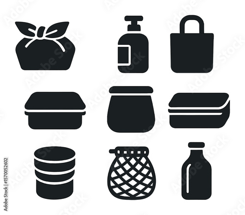 Reusable Packaging Icons. Solid, filled icons set of reusable packaging: cloth wrap, refill bottle, fabric