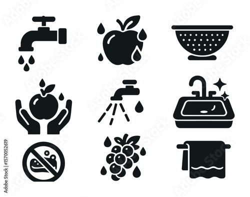 Washing Fruit Icons. Solid, filled icons set of washing fruit before eating: water faucet, apple with droplets
