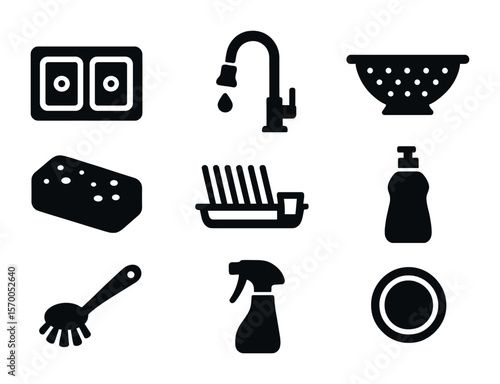 Kitchen Sink Icons. Solid, filled icons set of kitchen sink essentials: double basin sink, pull-down faucet,