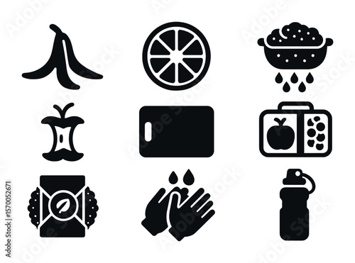 Healthy Snack Icons. Solid, filled icons set of preparing a healthy snack: banana peel, fruit slice, rinsed