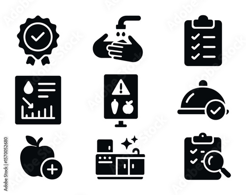 Food Safety Icons. Solid, filled icons set of food safety in public health: sanitation badge, washing guide,