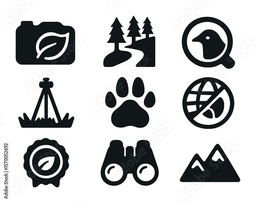 Nature Conservation Icons. Solid, filled icons set of nature and wildlife conservation photography: camera